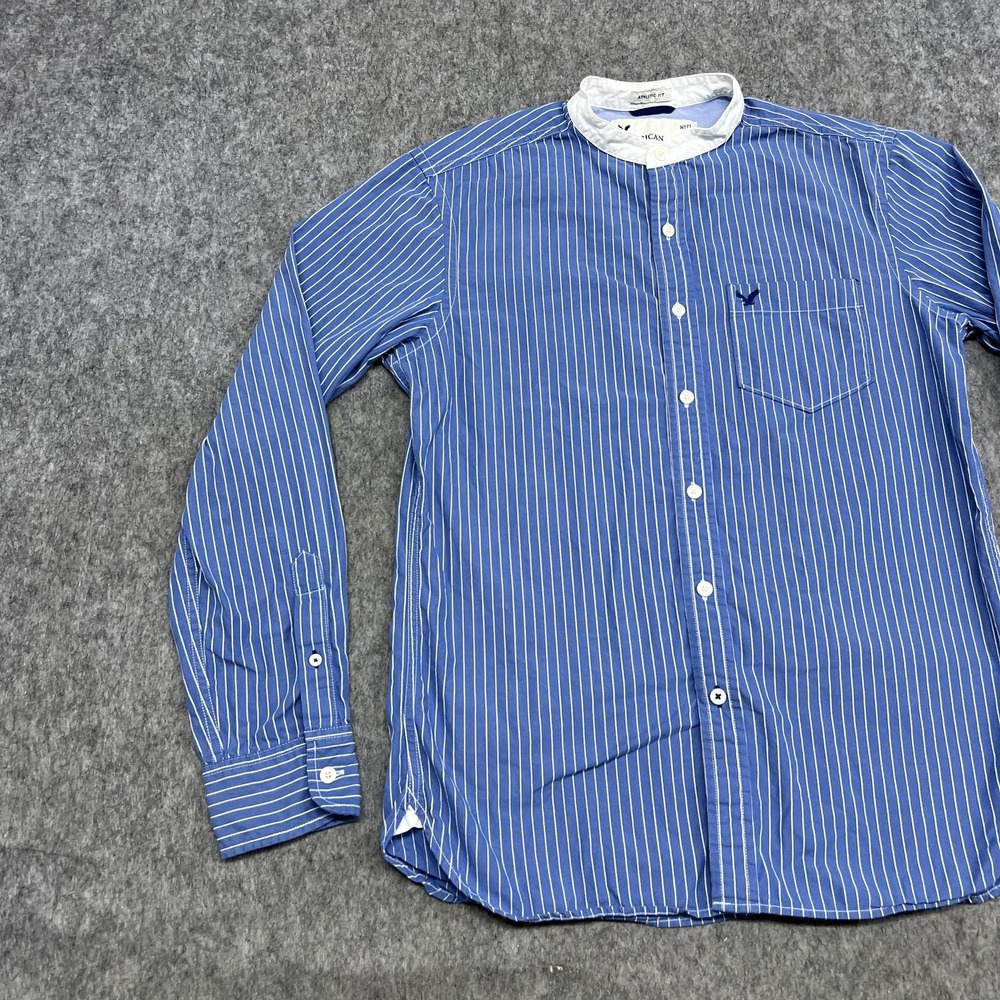 American Eagle Shirt Mens S Blue Stripe Long Sleeve Button Up Band Collar Preppy - Picture 6 of 16